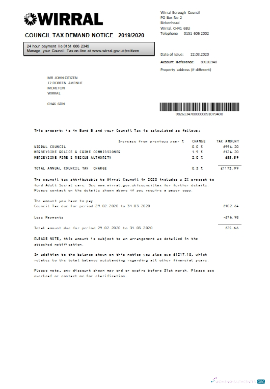 download download United Kingdom Wirral council tax bill template in Word and PDF format PDF template PDF template